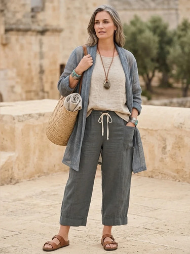 Flax women linen cargo - linen, crop