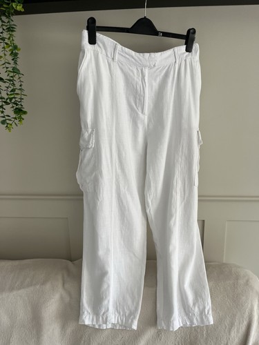 White linen cargo trousers