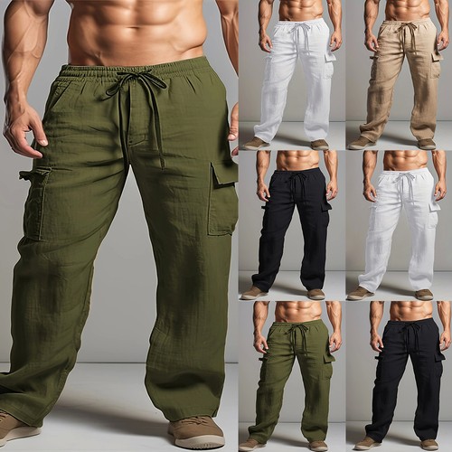 Men cotton linen cargo pants - men's,