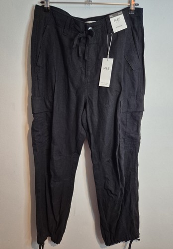 Black linen cargo trousers - black,